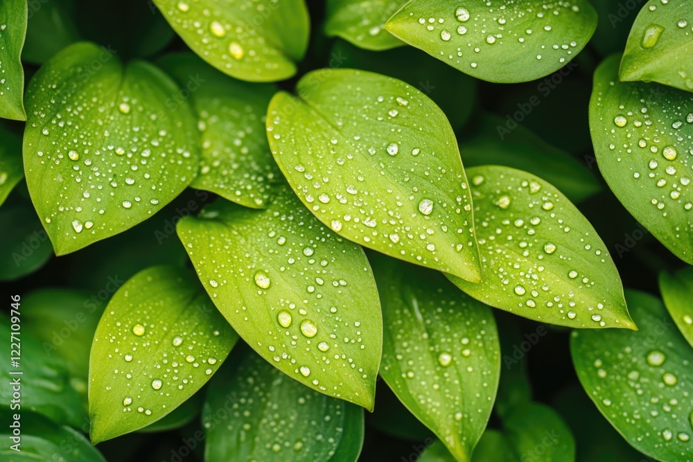 Fototapeta premium macro shot of raindrops resting on vibrant green leaves sparkling under soft light blurred background copy space