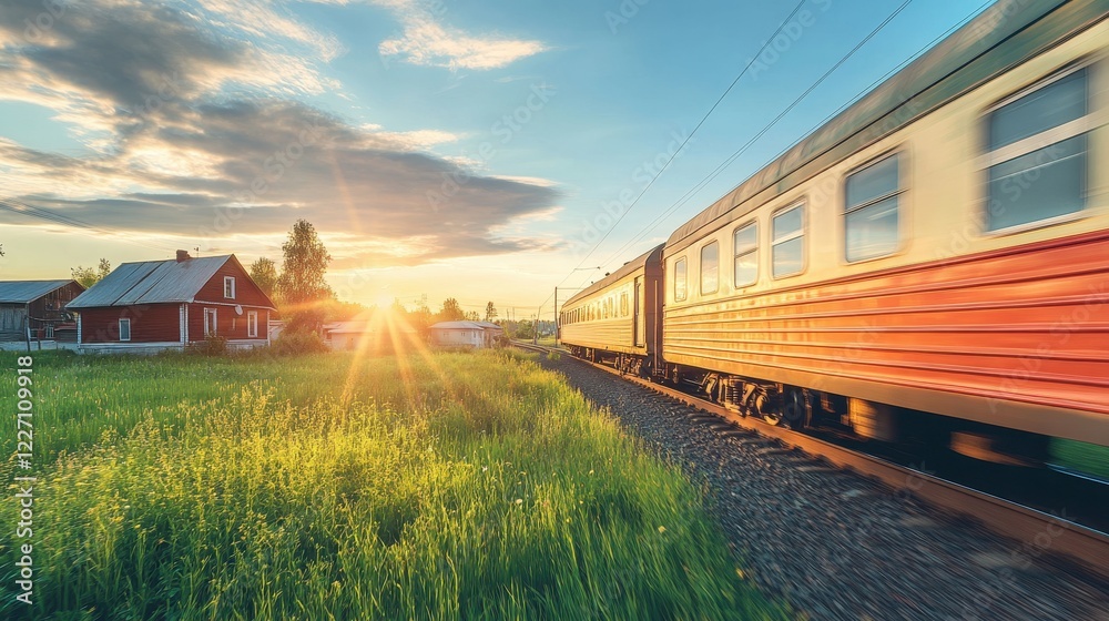 Train Passing Through Countryside at Sunset with Vibrant Colors
