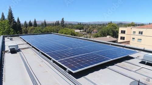 Rooftop solar panels, sunny day, city view, energy
