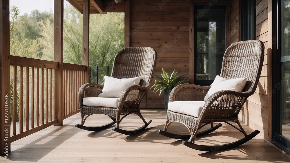 Rocking chairs on porch, relaxed mood, inviting space for leisure and comfort Rocking chairs on porch, relaxed mood, inviting space for leisure and comfort