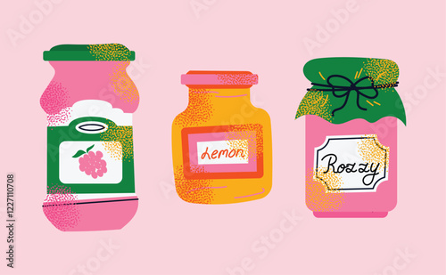 Collection of colorful jam jars with fruit labels isolated on a pink background. Set of fruit jams in glass jars in cartoon style. Hand-drawn flat vector illustration. Homemade marmalade jars.