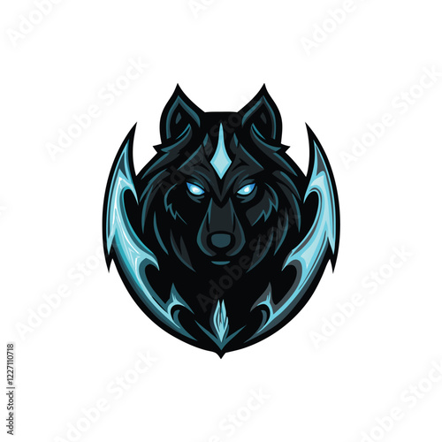 Render a dark wolf's head, glowing with a mystical, neon blue aura; intricate details, sharp fangs, and piercing eyes.