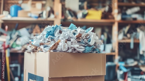 Pile of Crumpled Paper Waste in a Cardboard Box in a Chaotic Room photo