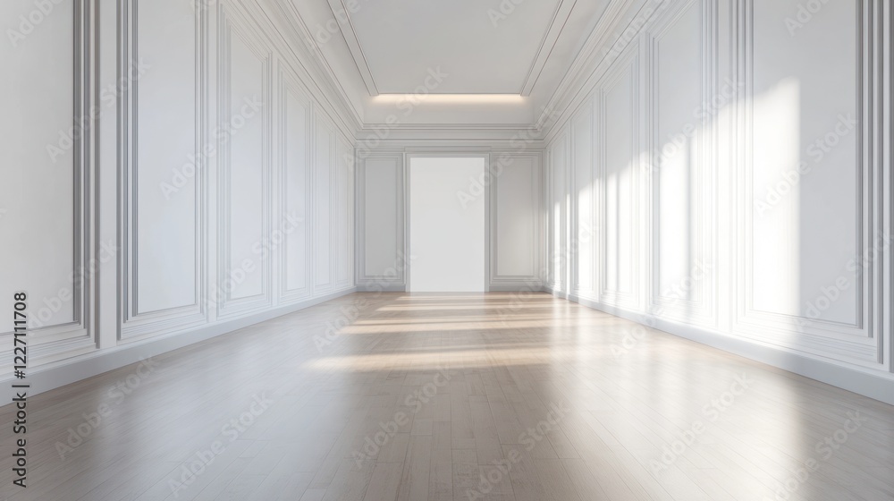 Obraz premium Sunlit empty classic white hallway, hardwood floor, interior design