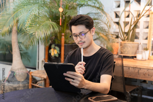 Handsome businessman uses tablet to work and pretends to think at work at coffee shop.
