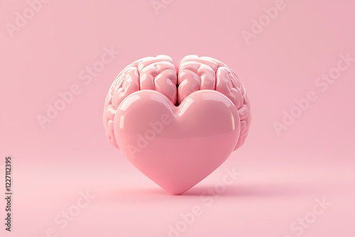 A glossy pink brain sculpted into the shape of a heart against a soft pink background, symbolizing the connection between emotions and intellect.