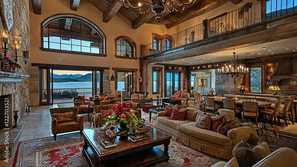 Luxurious living room with stunning lake view, featuring elegant furniture and warm ambiance Luxurious living room with stunning lake view, featuring elegant furniture and warm ambiance