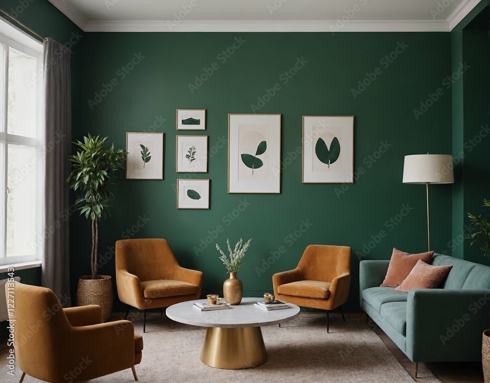 Fototapeta premium A modern Scandinavian-inspired living room with a designer sofa set and photo frames is displayed on the wall 3d illustration