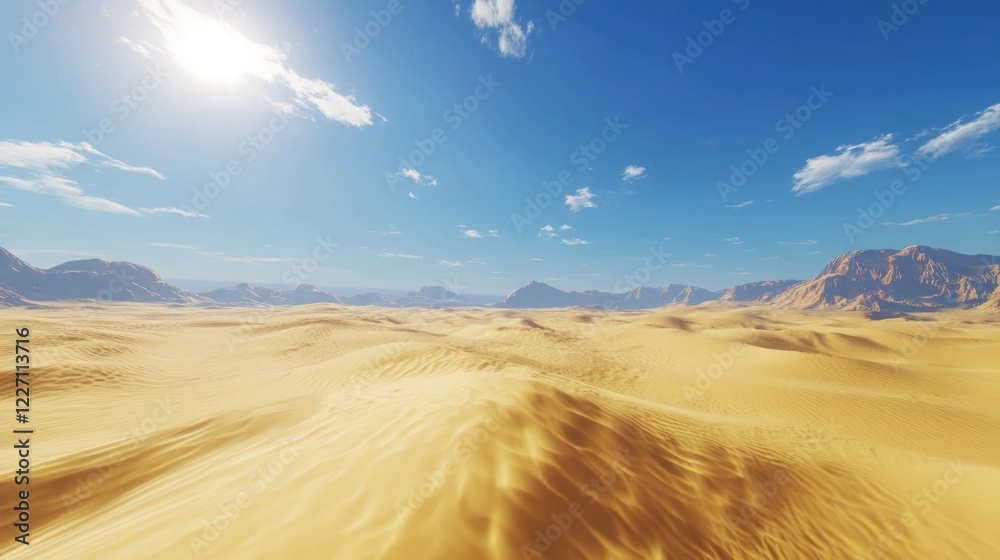 Fototapeta premium Sunny desert landscape, dunes, mountains, clear sky, travel backdrop