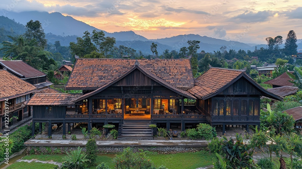 Traditional Wooden House Mountain Sunset View Traditional Wooden House Mountain Sunset View