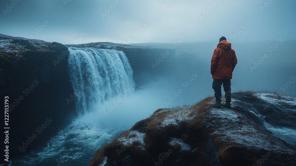 Obraz premium Solitary figure contemplating a powerful waterfall amidst a misty landscape on a cold day, highlighting the beauty of nature