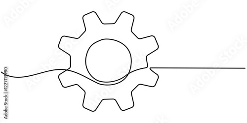 One continuous line illustration of gears wheels. Three cogwheels in lineart style. concept of business teamwork, Setting icon continuous one line drawing vector illustration, Each cogwheel can be pro