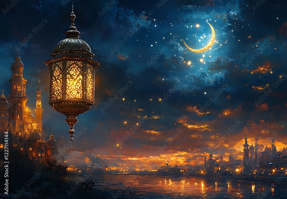 Obraz premium Illuminated Lantern Hanging Against a Backdrop of a Crescent Moon Starry Sky and a Silhouette of City Buildings