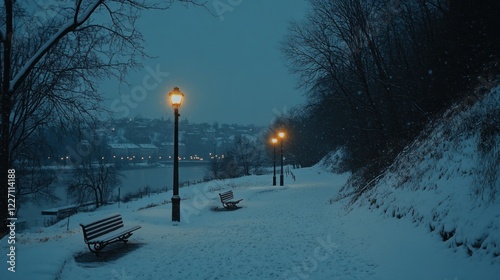 Snowy Winter Evening by the River