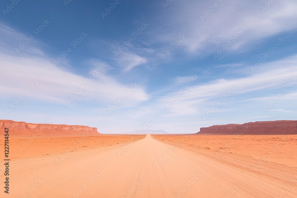 sandy desert road stretches endlessly toward horizon dramatic sky overhead warm earthy tones copy space sandy desert road stretches endlessly toward horizon dramatic sky overhead warm earthy tones copy space