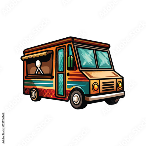 Design a vibrant logo for a food truck, featuring a stylized spoon and fork icon integrated seamlessly into the truck's design.  Include a modern, clean aesthetic.