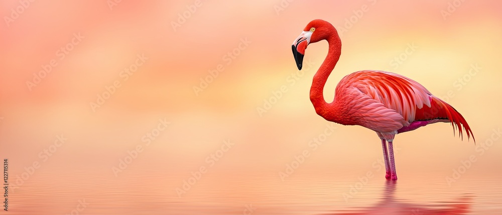 Fototapeta premium A vibrant flamingo stands gracefully in calm waters, surrounded by a soft pink and orange gradient, embodying elegance and tranquility.