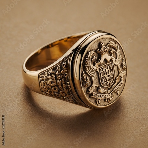 A vintage gold signet ring with an engraved family crest on a warm beige background.