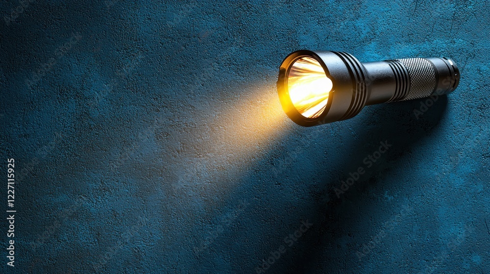 Lit flashlight on blue texture with light beam, for utility or background Lit flashlight on blue texture with light beam, for utility or background