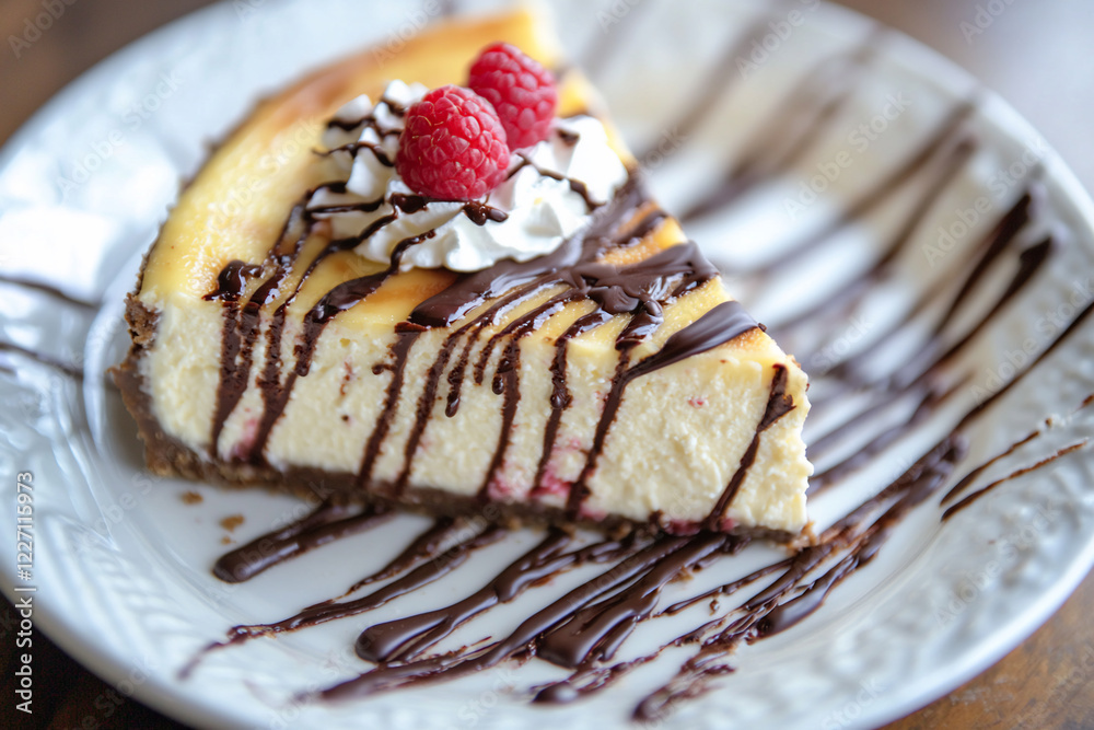 Delicious slice of cheesecake topped with raspberries and whipped cream on a decorative plate