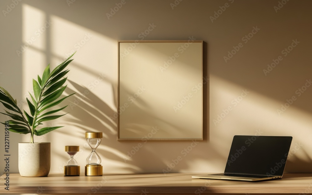 Fototapeta premium A stylish executive office with a polished walnut desk displaying a closed laptop, a golden hourglass, and a ceramic plant pot.