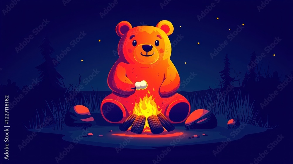 Teddy bear holding a marshmallow roasting at a campfire in forest at night Teddy bear holding a marshmallow roasting at a campfire in forest at night
