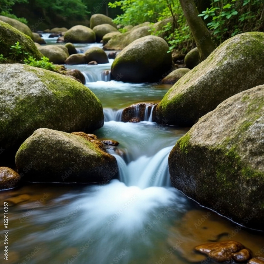 Small mountain creek flows gently over moss-covered stones, mountain creek, stone, water flow Small mountain creek flows gently over moss-covered stones, mountain creek, stone, water flow