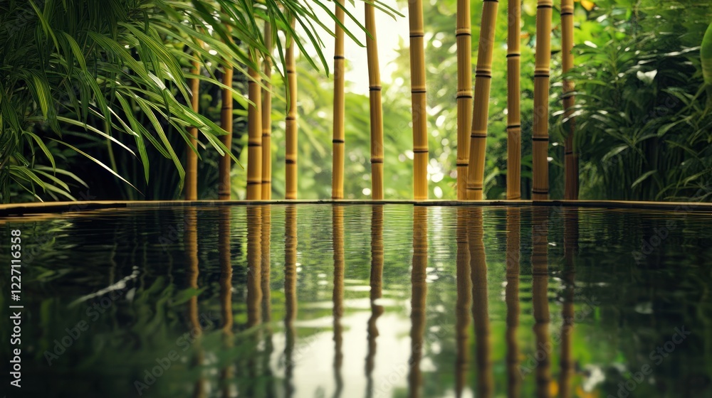 Fototapeta premium Tranquil bamboo garden pond reflection