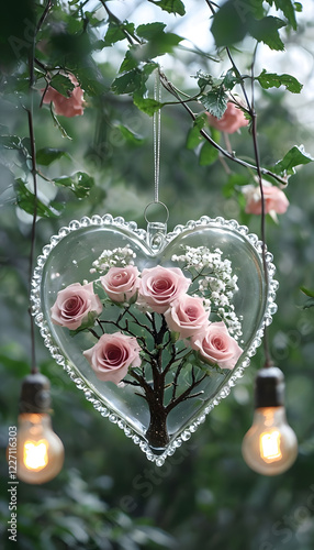 Heart-Shaped Glass Ornament with Pink Roses and Lights