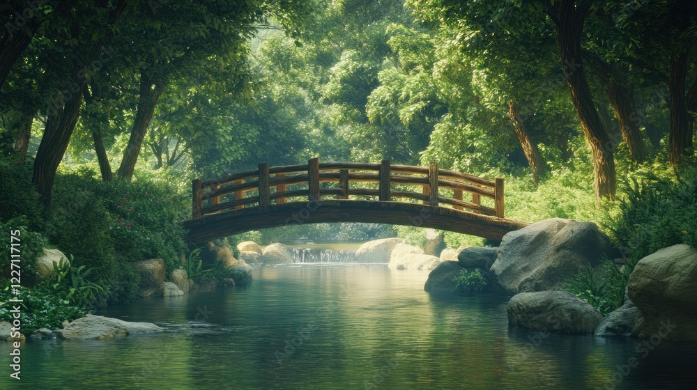 Fototapeta premium Tranquil wooden bridge over stream in lush forest; serene nature scene for relaxation