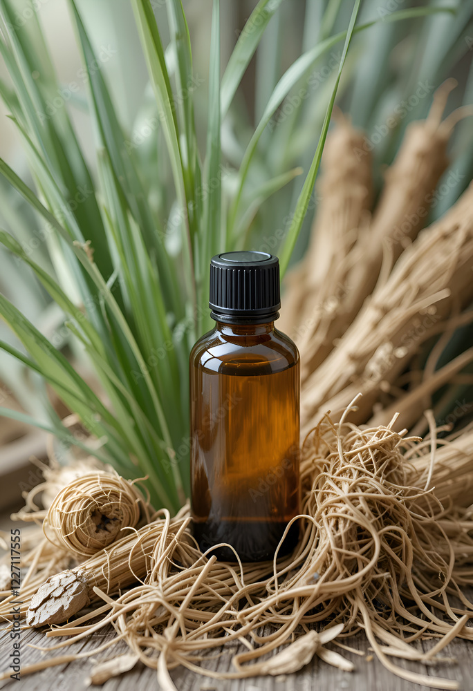 dry roots and leaves of Vetiver herb with bottle of vetiver essential oil, valuable raw for essential oil and perfumery
