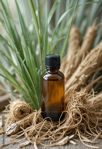 Obraz na płótnie dry roots and leaves of Vetiver herb with bottle of vetiver essential oil, valuable raw for essential oil and perfumery w salonie