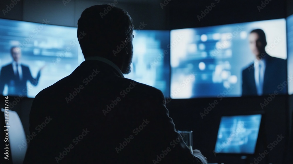 Man in a suit watches video conference on multiple screens in a dark room