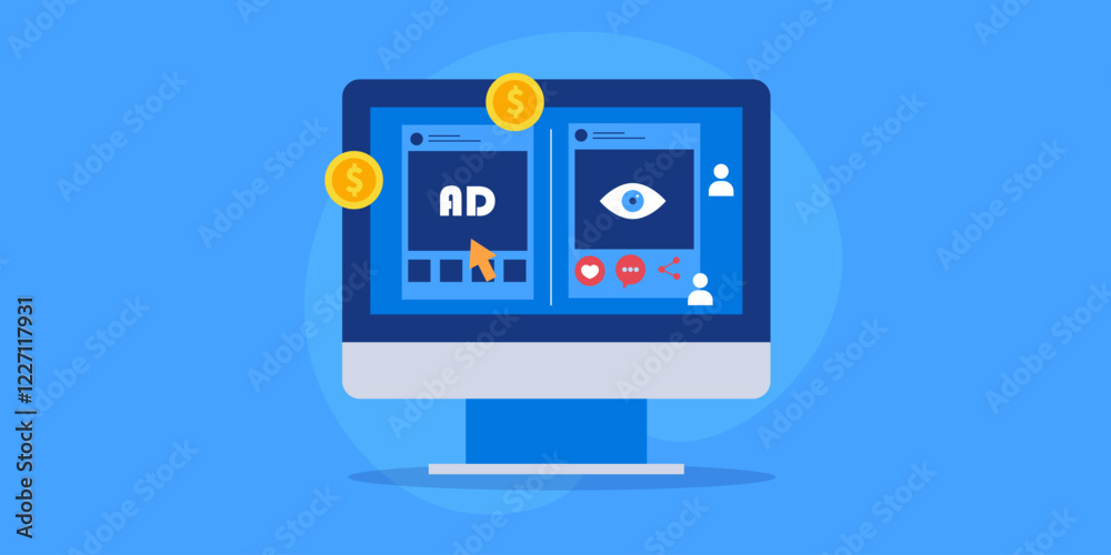 Organic reach algorithm web traffic and paid social media conversion concept. e-business technology vector illustration banner. Organic reach algorithm web traffic and paid social media conversion concept. e-business technology vector illustration banner.