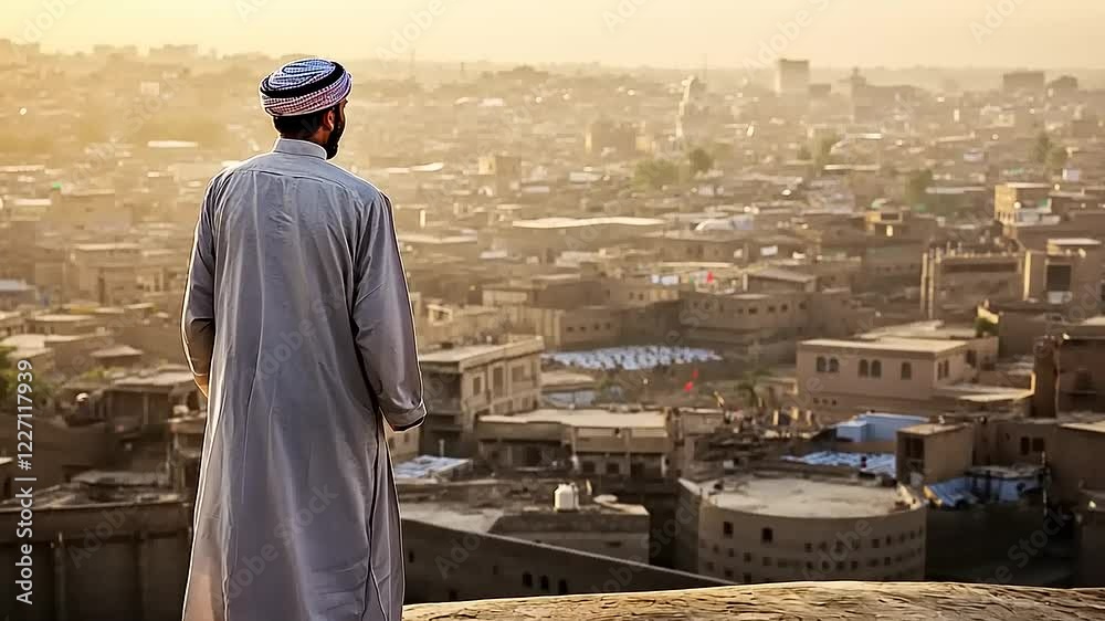 Man in traditional attire gazes over a sprawling cityscape at sunset, capturing urban life Man in traditional attire gazes over a sprawling cityscape at sunset, capturing urban life