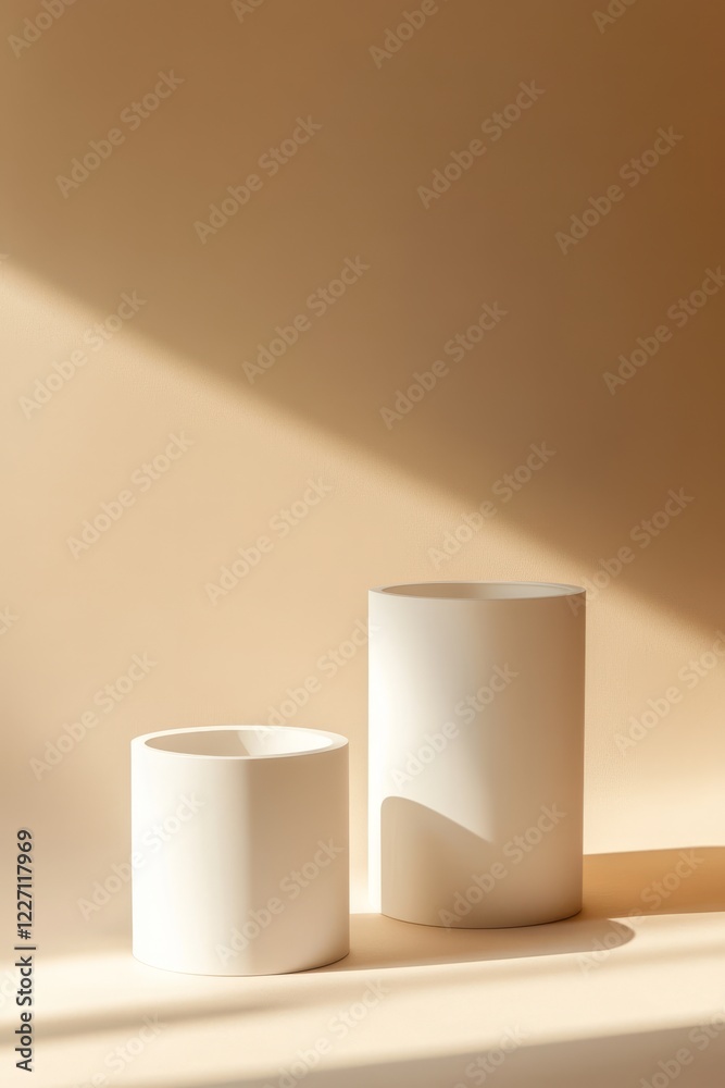 Two white cylindrical containers on a beige background, illuminated by sunlight. Two white cylindrical containers on a beige background, illuminated by sunlight.
