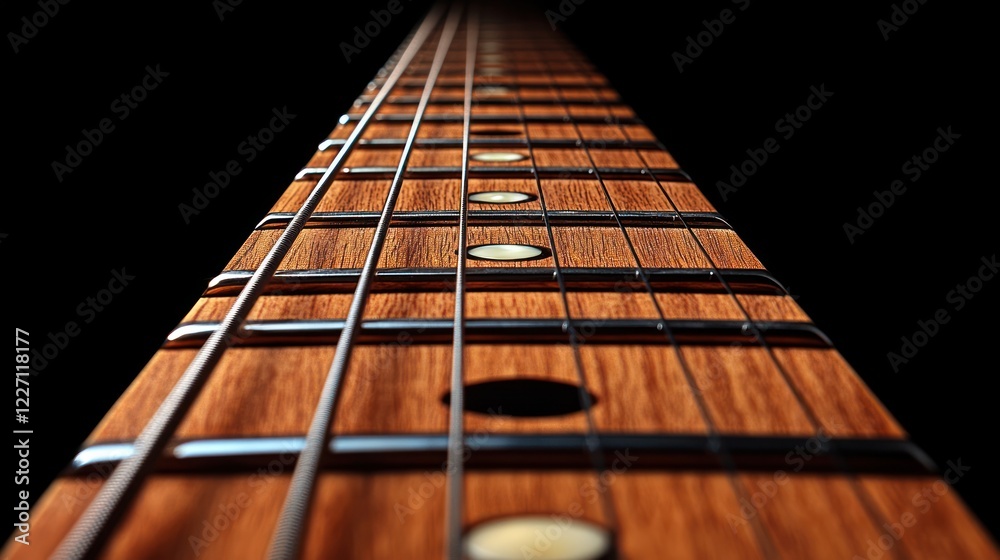Close-up of guitar neck, strings, and frets against black background. Close-up of guitar neck, strings, and frets against black background.