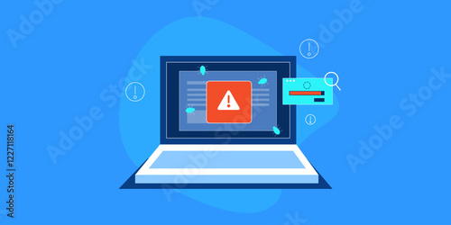 Warning alert on laptop screen, virus detection with antivirus software scan system. Cyber security concept, Vector banner.