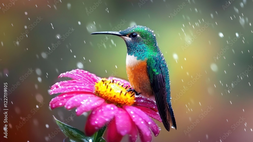 Fototapeta premium Hummingbird in the Rain on a Pink Flower