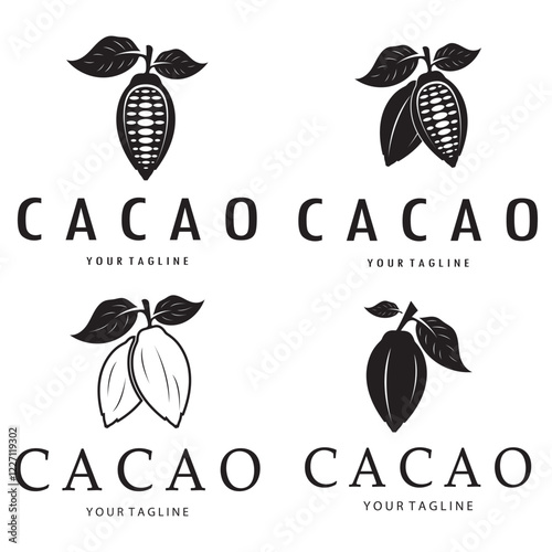 cocoa logo,cocoa bean,cocoa tree,cocoa branches and leaves,chocolate mix on white background,vintage,modern,simple,minimalist icon illustration template design vector