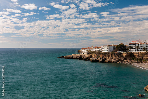 Obraz na płótnie Coastal mediterranean town with cliffside buildings w salonie