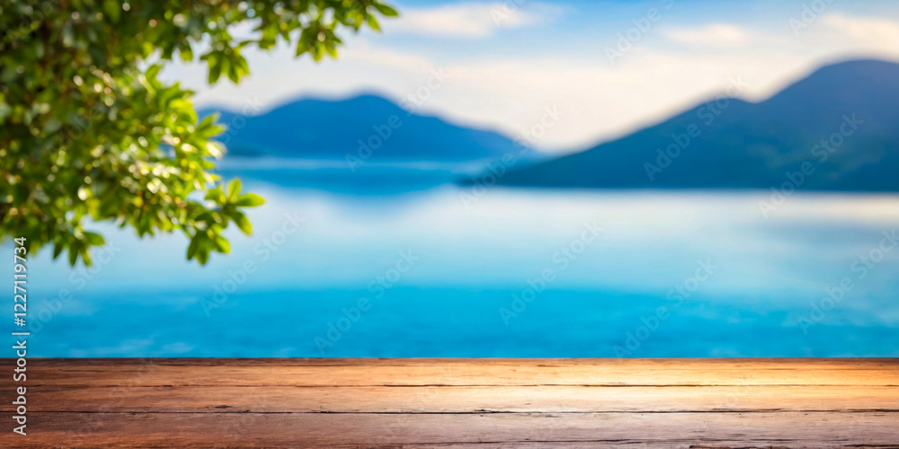 Fototapeta premium Wooden Table Overlooking Serene Lake and Mountains