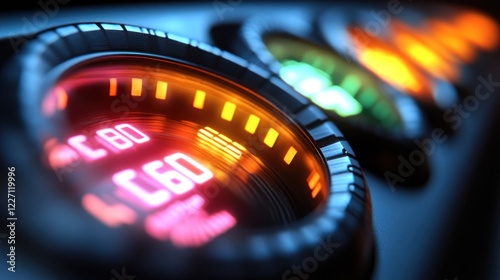 Close-up of illuminated digital gauges displaying 60 degrees Celsius. photo