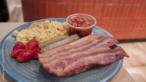 Western breakfast with bacon, bread, tomatoes, chicken sausages, baked bean and scrambled egg.