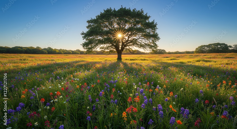 Sunset Tree in Vibrant Wildflower Field Landscape Photo Sunset Tree in Vibrant Wildflower Field Landscape Photo