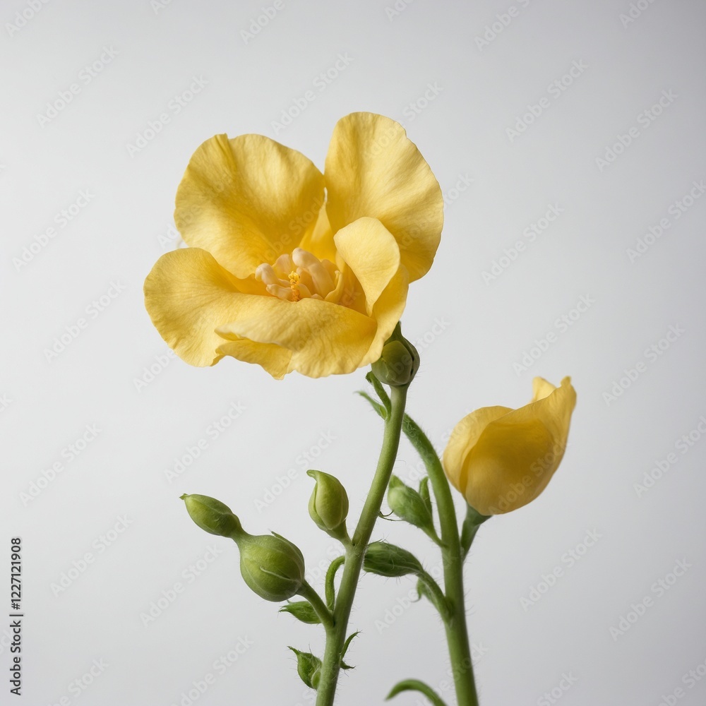 Naklejka premium A soft yellow sweet pea gently curled, isolated against a bright white background.