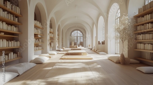 Serene library reading room with sunlight