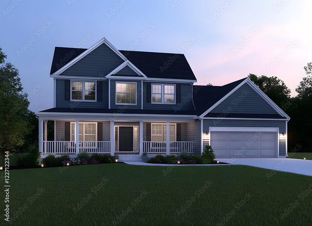 A beautiful home exterior with a large front yard and a garage at dusk A beautiful home exterior with a large front yard and a garage at dusk
