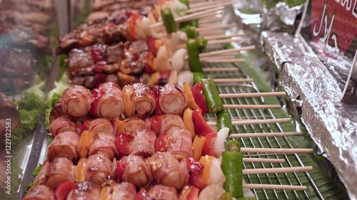 Various types of halal barbecue meat skewer selling at the food stall.