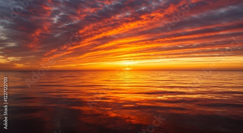 Fiery Ocean Sunset Landscape Dramatic Sky Reflection